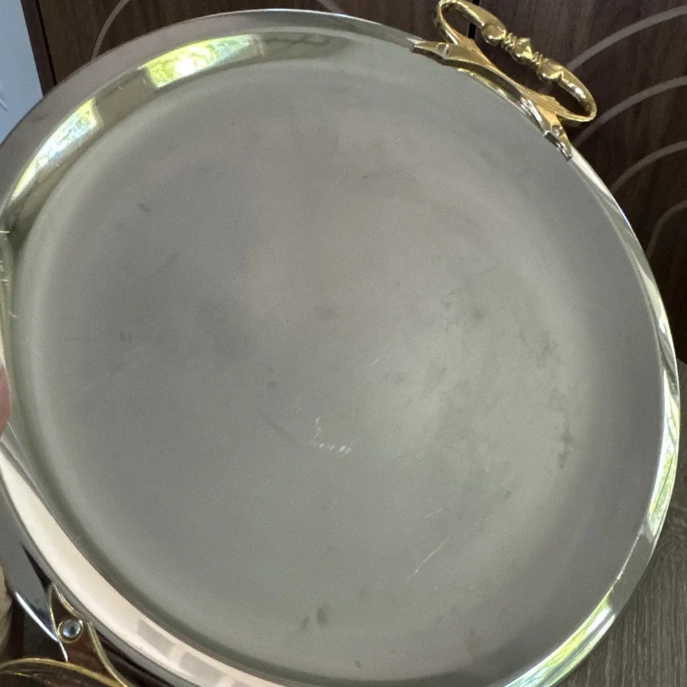 VINTAGE KROMEX USA CHROME ROUND BUTLERS SERVING TRAY GOLD TONE HANDLES Authentic